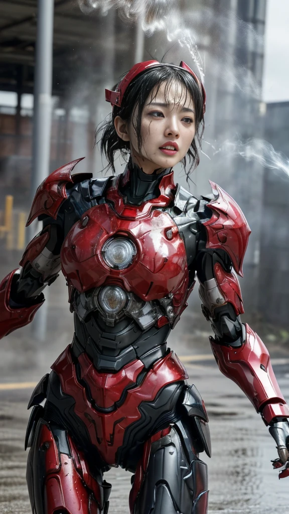 Rough skin, Very detailed, Advanced Details, high quality, 最high quality, High resolution, 1080P 、、Red Armor、Wearing red and black、cute((During a break))(破損したwoman用ロボットスーツを着用...)(Red Armor)(Broken Armor)Black Hair、、Soaking wet、Soaked Face　Put the headgear aside　Beautiful Face、Hot look　knock down、よだれing from the mouth、woman　(Steam coming out of the face) ((Steam from the body)) 　Filming location　I can see the vagina　To be released　look up　Remove head gear　