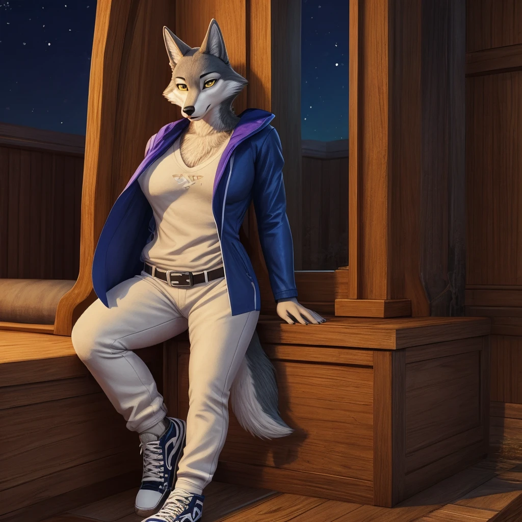 Porsha is a tall Arctic-gray wolf with yellow eyes and bluish-grey and white fur. She wears purple sunglasses, a dark blue jacket with multicolored accents, yellow trousers, grey and white sneakers, and a blue vintage t-shirt. anthro wolf, female, adult, blue fur, buffed body, tail, sexy, beefy body, furred body, furry chest hair, realistic, full body, photorealistic, ultra realistic, 8k, night, bare-chested