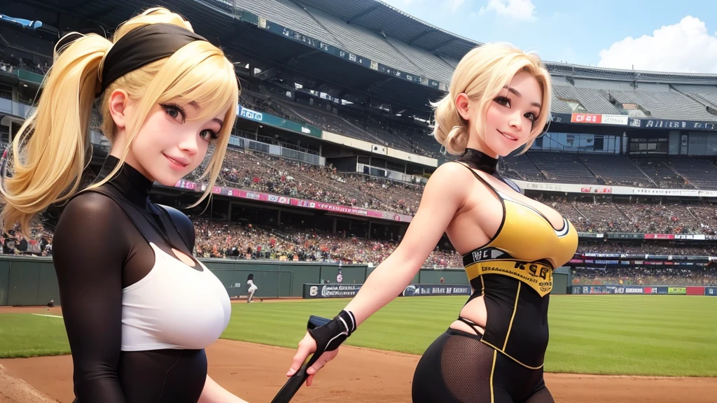 A beautiful courtesan happily plays baseball at Hanshin Koshien Stadium。Sexy smile、Blonde ponytail、armor