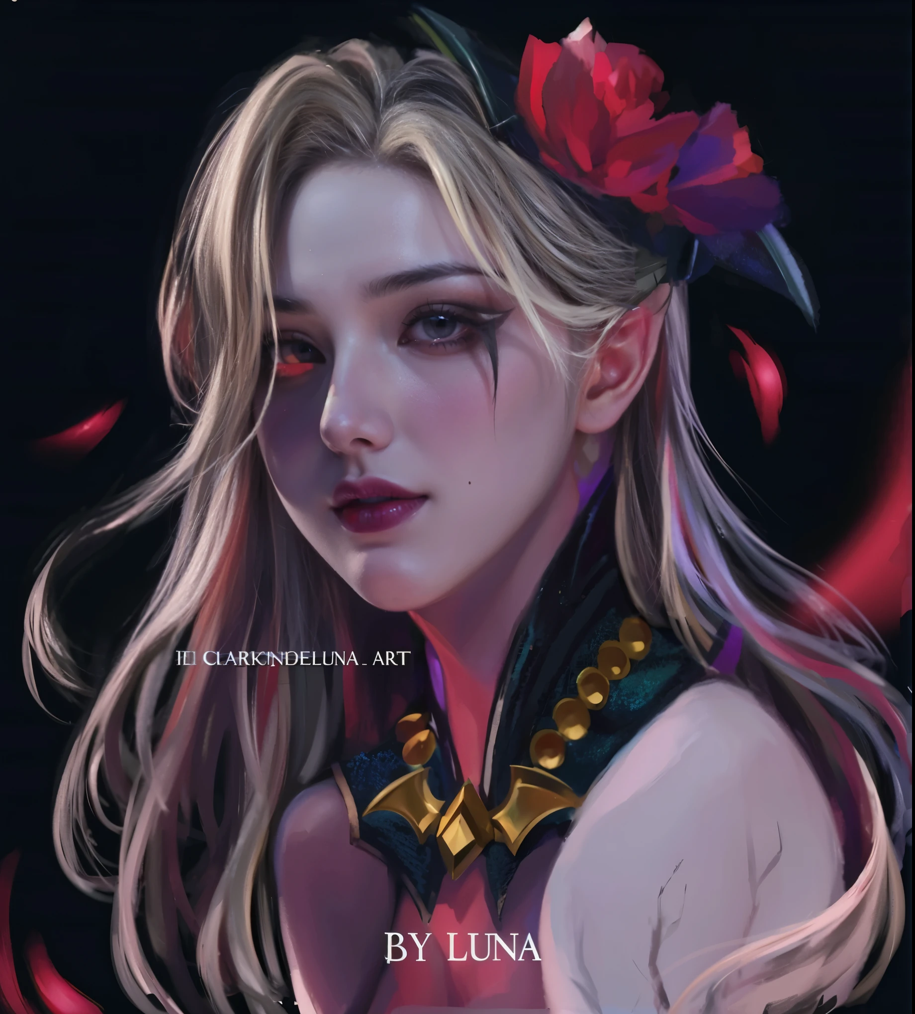 (female:1.2), 8k, ultra hd, ultra detailed texture, hyper realistic, masterpiece, detailed texture, detailed face, detailed skin, detailed lighting, (photorealistic:1.5), best quality, beautiful lighting, cinematic lighting, professional lighting, ultra highres, realistic, detailed hair, real hair, high quality, (realskin:1.5), extremely detailed, finely detail, ultra-detailed, 1girl, solo, elf, pointy ears, standing, demon horns, forehead protector, (red eyes:1.5), v-shapped eyebrow, lips, red lips, evil smile, nose, make up, pretty, beautiful, cute face, long hair, blue hair, high ponytail, large breasts, cleavage, armpit, navel, stomach, black armor, pauldrons, bare shoulders, shoulder armor, thigh high, sleevless, detached sleeves, breastplate, gauntlets, karina \(mobile legends\), depth of field, looking aways, white skin, skin tight, amazing pose, outdoors, glowing, dark view, blurry background