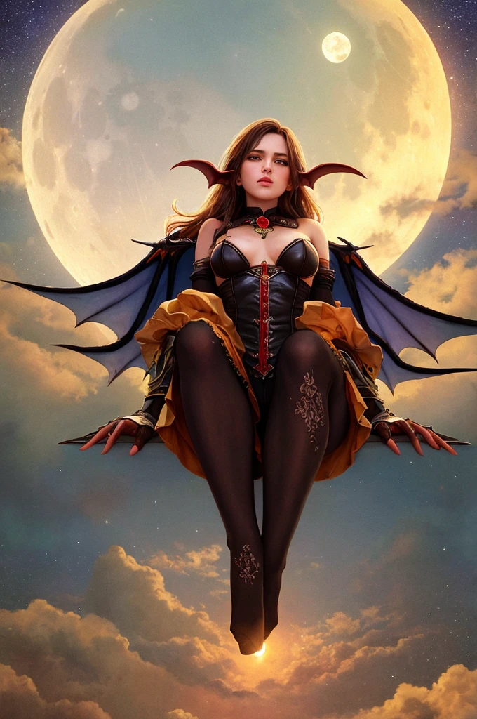 ((best quality)), ((masterpiece)), (detailed), succubus, ethereal beauty, perched on a cloud, (fantasy illustration:1.3), enchanting gaze, leotard, pantyhose, stockings, bodysuit, captivating pose, delicate wings, otherworldly charm, mystical sky, large moon, moonlit night, soft colors, (detailed cloudscape:1.3), (high-resolution:1.2), from below, (rating_explicit), (score_9, score_8_up, score_7_up, score_6_up, score_5_up, score_4_up, high res, 4k)