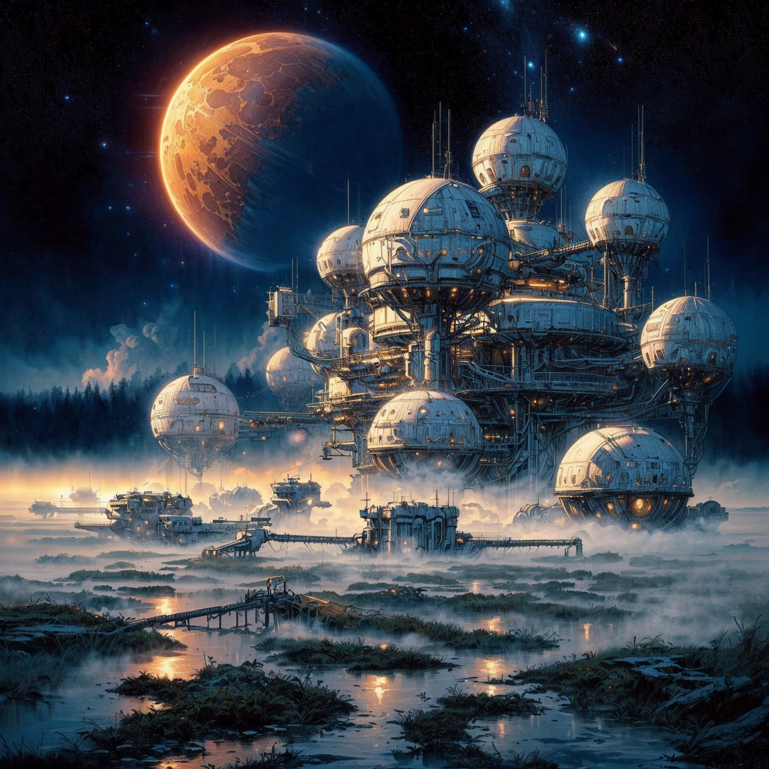 painting of a space station in a steaming marshland, masterpiece, best quality, (extremely detailed CG unity 8k wallpaper), (best quality), (best illustration), (best shadow), absurdres, realistic lighting, (Abyss), beautiful detailed glow, art by PeterMohrBacher,