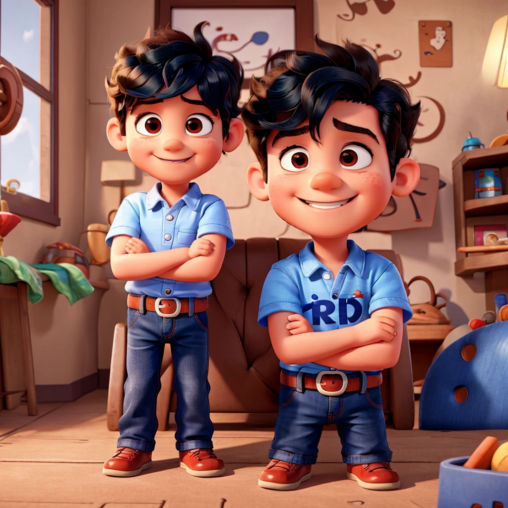 A 5 boy with hair, Smiling and with my arms crossed. 8K, UHD and pixar style.
