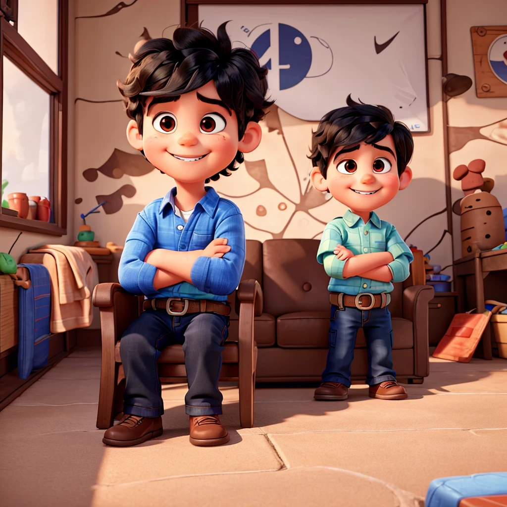 A 5 year old boy with hair, Smiling and with my arms crossed. 8K, UHD and pixar style.
