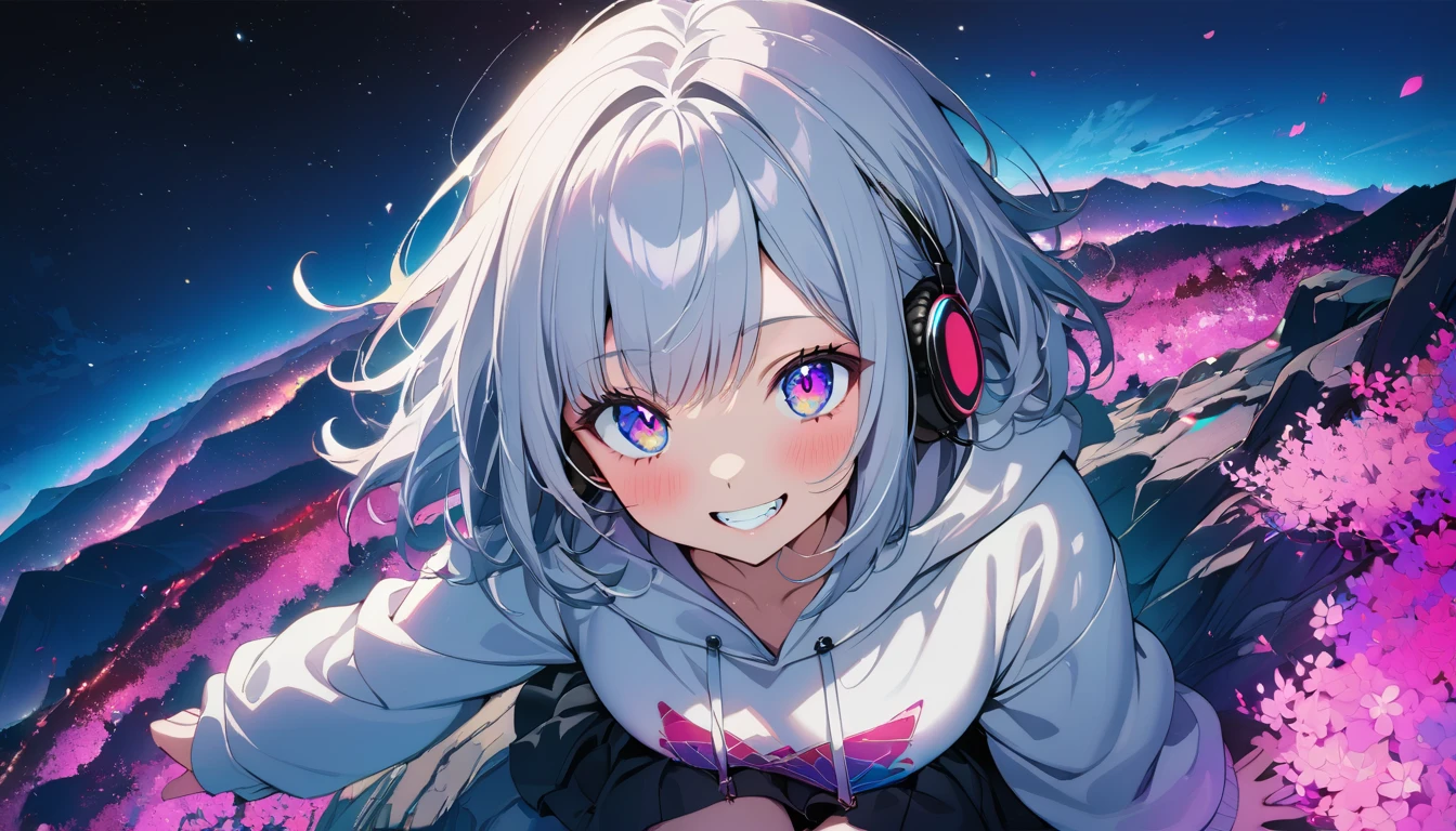 ((masterpiece)), ((Highest quality)), (anime:1.3), (Super detailed:1.2), (High resolution:1.3), (Professional photography:1.3),cute young Girl, Shiny, unruly hair, (Loosely swayed bangs), (Silver Ash Hair), Medium Hair, Big eyes, (Sagging under the eyes:1.3), (Long eyelashes), colorful eyes, (Wicked smile and blush), Glossy Lips, (Jagged teeth), ((Oversized white hoodie)), bare hands, cute, (colorful:1.3), Gothic Makeup, (Sitting on the edge), colorful petals dance around her, Starry Night, Neon lights, Peter Benjamin Graham, a wanderer on a mountain, Wearing headphones, (whole body:1.3), (Look up at the sky:1.3),(From aerial photographs:2),