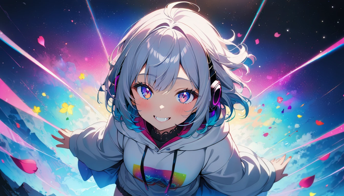 ((masterpiece)), ((Highest quality)), (anime:1.3), (Super detailed:1.2), (High resolution:1.3), (Professional photography:1.3),cute young Girl, Shiny, unruly hair, (Loosely swayed bangs), (Silver Ash Hair), Medium Hair, Big eyes, (Sagging under the eyes:1.3), (Long eyelashes), colorful eyes, (Wicked smile and blush), Glossy Lips, (Jagged teeth), ((Oversized white hoodie)), bare hands, cute, (colorful:1.3), Gothic Makeup, (Sitting on the edge), colorful petals dance around her, Starry Night, Neon lights, Peter Benjamin Graham, a wanderer on a mountain, Wearing headphones, (whole body:1.3), (Look up at the sky:1.3),(From aerial photographs:2),