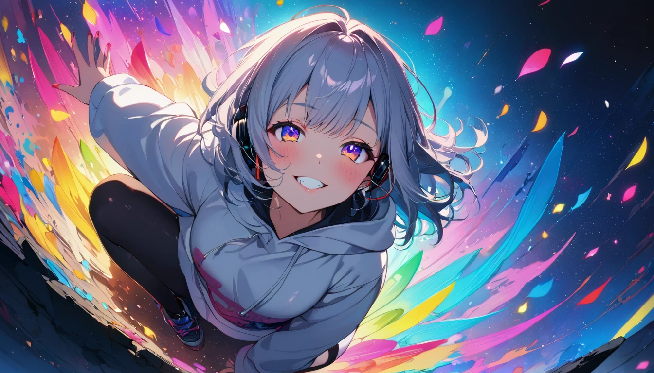 ((masterpiece)), ((Highest quality)), (anime:1.3), (Super detailed:1.2), (High resolution:1.3), (Professional photography:1.3),cute young Girl, Shiny, unruly hair, (Loosely swayed bangs), (Silver Ash Hair), Medium Hair, Big eyes, (Sagging under the eyes:1.3), (Long eyelashes), colorful eyes, (Wicked smile and blush), Glossy Lips, (Jagged teeth), ((Oversized white hoodie)), bare hands, cute, (colorful:1.3), Gothic Makeup, (Sitting on the edge), colorful petals dance around her, Starry Night, Neon lights, Peter Benjamin Graham, a wanderer on a mountain, Wearing headphones, (whole body:1.3), (Look up at the sky:1.3),(From aerial photographs:2),