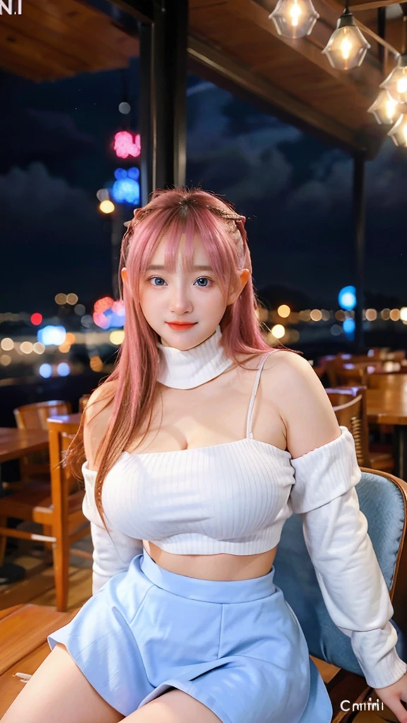 Beautiful Girl, Beautiful, Baby Face, 20 Years, White Skin, Cleavage, Colossal Breasts, Side Pose, Clothes Strap, Turtleneck Crop Top, short skirt, Blue Eyes, Muscles, Bokeh sitting on a chair, sweet smile Background cafe restaurant Karya  , Full Body Shot, from the bottom side Nighttime pink hair