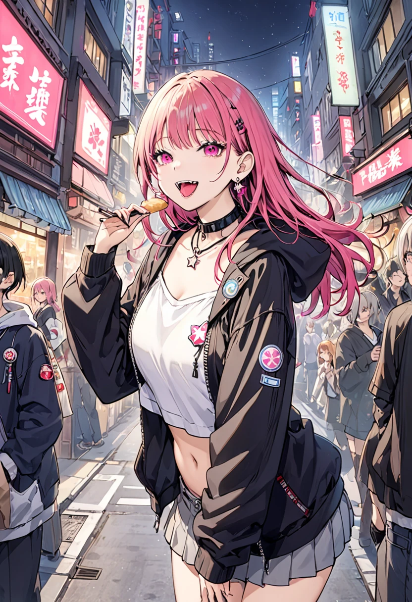 (masterpiece:1.2)、Highest quality、PIXIV、Rebellious girl、One girl、Open your mouth、鋭いteeth、teeth、Long Hair、Street background、gem、badge、ボタンbadge、Food、Pink Eyes、Earrings、Jacket、eyelash、Foodを下にして、star (symbol)、Upper Body、Characters in clothes、zipper、collar、cable、chain、tongue、Stickers、hoodie、smile、spike、Focus on the viewer、長いtongue、Chest in the center、Shoulder Bare、Belly button、Black and pink hair,leaning forward,Cyberpunk city,Night view,Black and white grey outfit