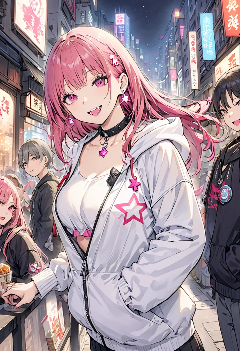 (masterpiece:1.2)、Highest quality、PIXIV、Rebellious girl、One girl、Open your mouth、鋭いteeth、teeth、Long Hair、Street background、gem、badge、ボタンbadge、Food、Pink Eyes、Earrings、Jacket、eyelash、Foodを下にして、star (symbol)、Upper Body、Characters in clothes、zipper、collar、cable、chain、tongue、Stickers、hoodie、smile、spike、Focus on the viewer、長いtongue、Chest in the center、Shoulder Bare、Belly button、Black and pink hair,leaning forward,Cyberpunk city,Night view,Black and white grey outfit