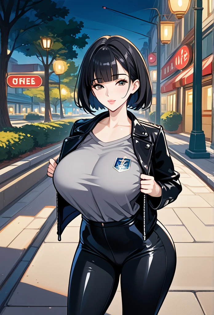 mature woman, mature face, hot face, glossy lips, (black hair, short hair, hime bangs), mature body, big breast, gray shirt, tight shirt, puffing chest out, (black leather jacket), tight pants, big ass, sidewalk, (night), front view, proud expression