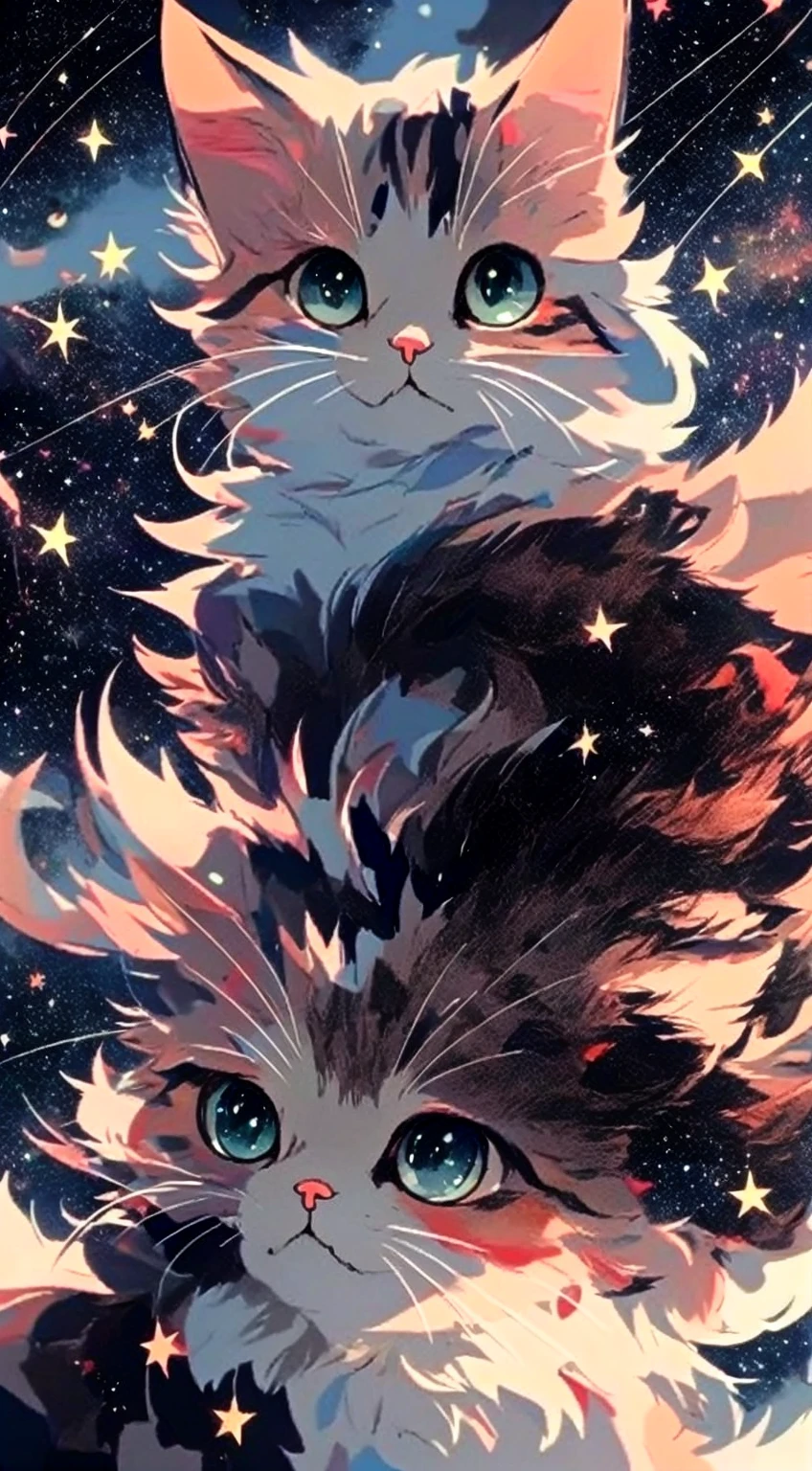 Anime art wallpaper, background starry sky, cat head appearance, 4K clarity. Draw realistic and cute anime cats in detail, digital art style. 8K high-definition digital animation wallpaper, ultra-high detail value, small and cute, showing the most exquisite digital animation art.