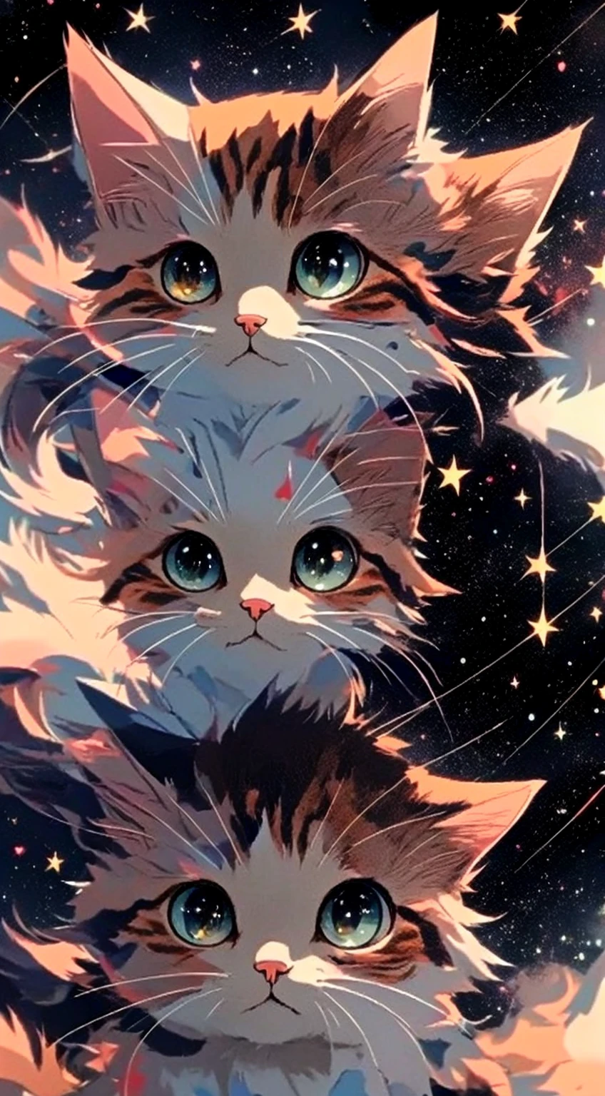 Anime art wallpaper, background starry sky, cat head appearance, 4K clarity. Draw realistic and cute anime cats in detail, digital art style. 8K high-definition digital animation wallpaper, ultra-high detail value, small and cute, showing the most exquisite digital animation art.