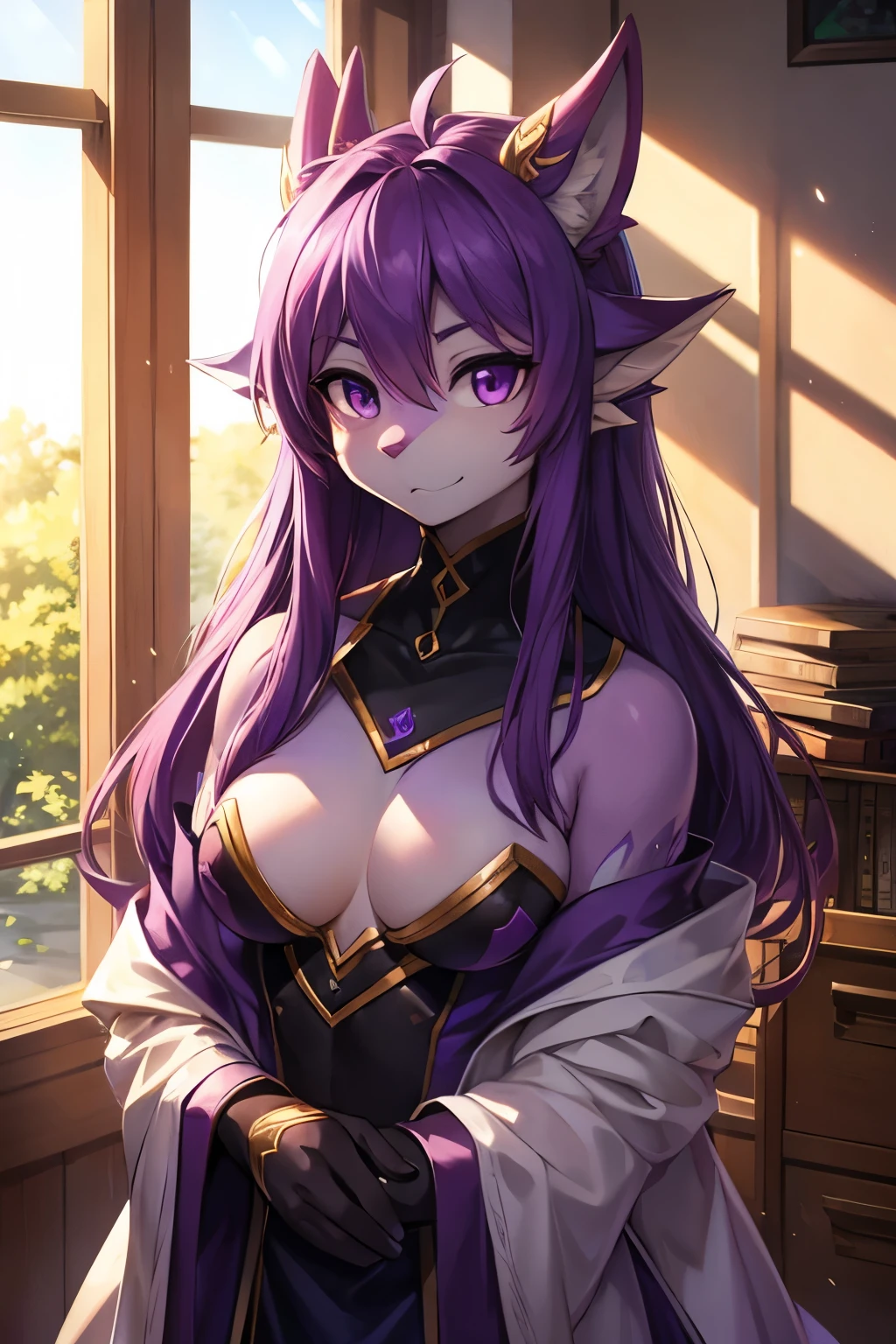 furry,Purple Dragon Man,Tricholosaurus,female,Looking gently towards the screen,Sunlight,Shining