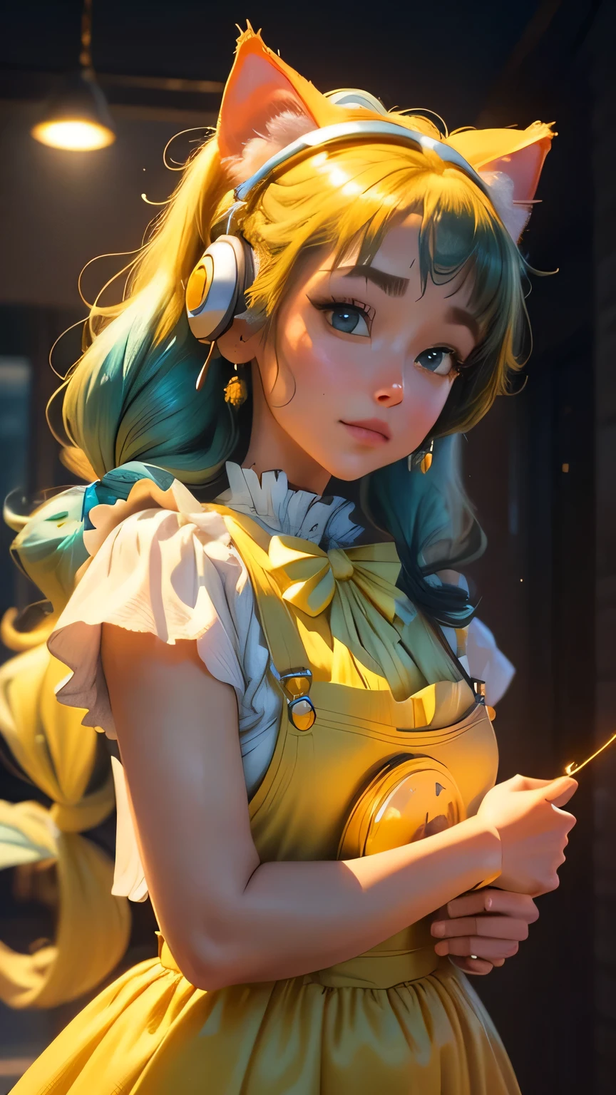 (Very detailed CG Unity 8k wallpaper, masterpiece, Highest quality, Very detailed), (Best lighting, Best Shadow, Very delicate beauty), floating, Sparkling eyes, [(head band, Earrings, (cyan: 1.5|red: 1.2) Kitten headphones and braided pigtail hair, (Light yellow: 1.3) Overalls) :: 0.8] , 