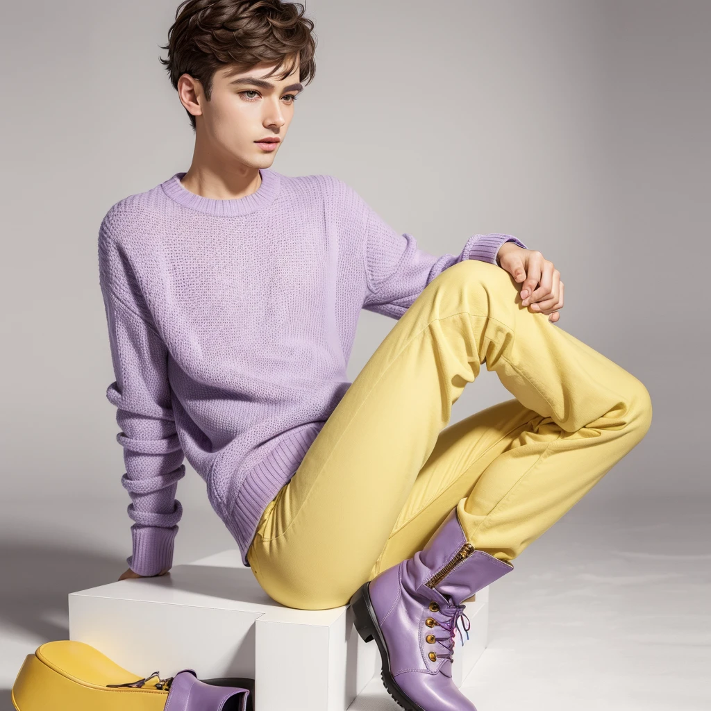 ((best qualityer)), ((work of art)), (detailded), 1 boy, lilac ombro to ombro sweater, yellow pants, white boot, coloured background.