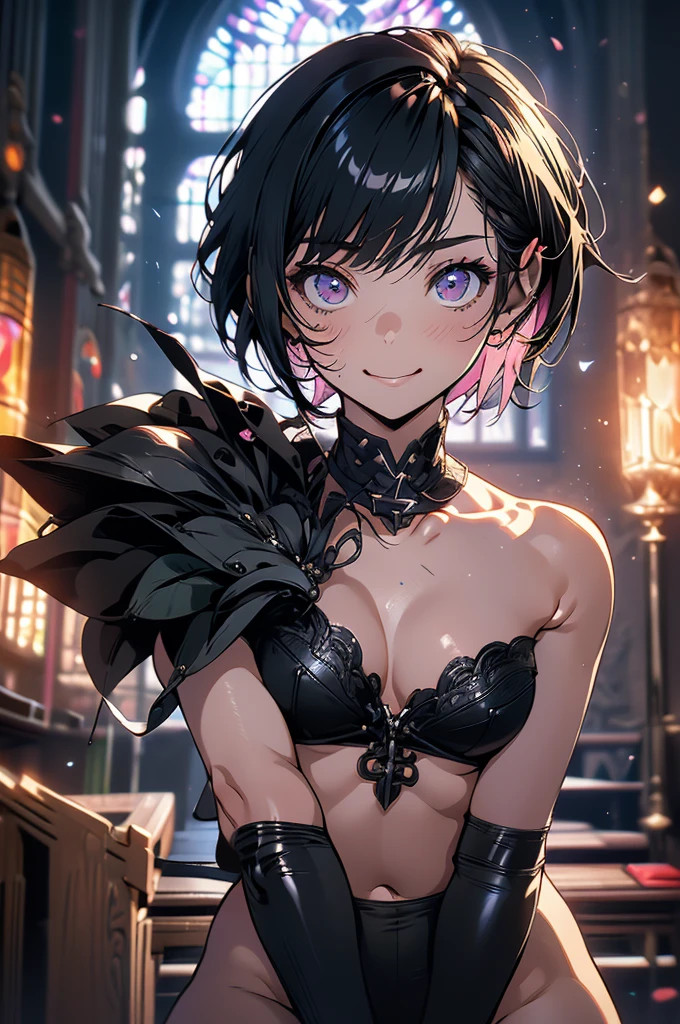 (perfect anatomy) an 18 year old girl, small, 1.50cm tall, very slender, without curves, straight chest, thin thighs, small butt, white skin, pink eyes, short black hair (rpg rogue outfit) In a medieval church, alone, magic, slutty smile, licking lip, flushed face, rape face,