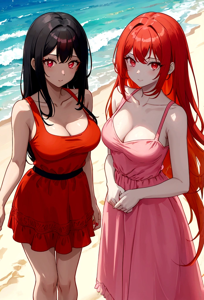 two women on the beach. The first woman has black hair and red eyes and wears a red beach dress, while the second woman has orange hair and pink eyes and wears a pink beach dress.