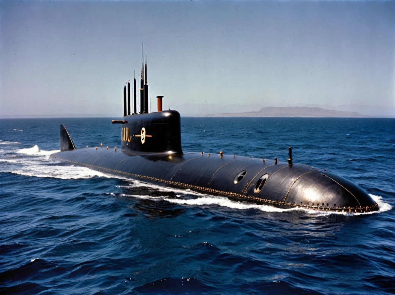 photo of the captain nemo submarine in the distance, nautilus submarine on the ocean, coast of south Africa,  outdoors ocean at night, realistic scenery. very wide shot, landscape, film, professional