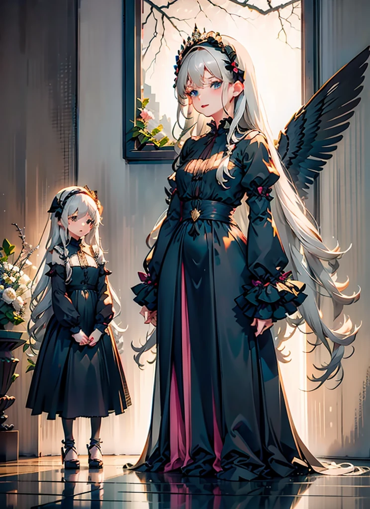 (Extremely delicate and beautiful:1.5),A Russian girl in her early 20s with ash grey hair, standing on your feet, solo, full body,Sweet face,Light smile,By bangs, Gemstone eyes, Contre-Jour,Long curly hair, Black-gothic-lolita dress, Keep one's mouth shut, seen from the side, lanterns, light particules, longer sleeves, looking at viewert,pink bows, The background is filled with seven color lays, The face is dense((must)), Masterpiece