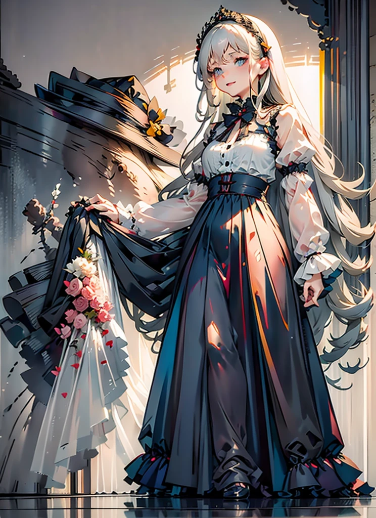 (Extremely delicate and beautiful:1.5),A Russian girl in her early 20s with ash grey hair, standing on your feet, solo, full body，Sweet face，Light smile，By bangs, Gemstone eyes, Contre-Jour，Long curly hair, Black-gothic-****ta dress, Keep one's mouth shut, seen from the side, lanterns, light particules, longer sleeves, looking at viewert，pink bows, The background is filled with seven color lays, The face is dense((must)), Masterpiece