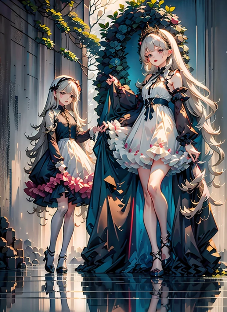 (Extremely delicate and beautiful:1.5),A Russian girl in her early 20s with ash grey hair, standing on your feet, solo, full body，Sweet face，Light smile，By bangs, Gemstone eyes, Contre-Jour，Long curly hair, Black-gothic-lolita dress, Keep one's mouth shut, seen from the side, lanterns, light particules, longer sleeves, looking at viewert，pink bows, The background is filled with seven color lays, The face is dense((must)), Masterpiece