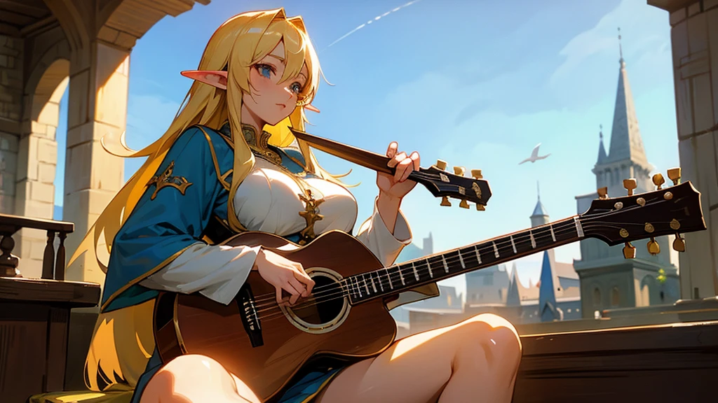 Anime Style,Nostalgic,Detailed background,The medieval world,A lively bar with lots of people,Beautiful sky,Beautiful Elf Bard,guitar,Large Breasts,Healthy thighs