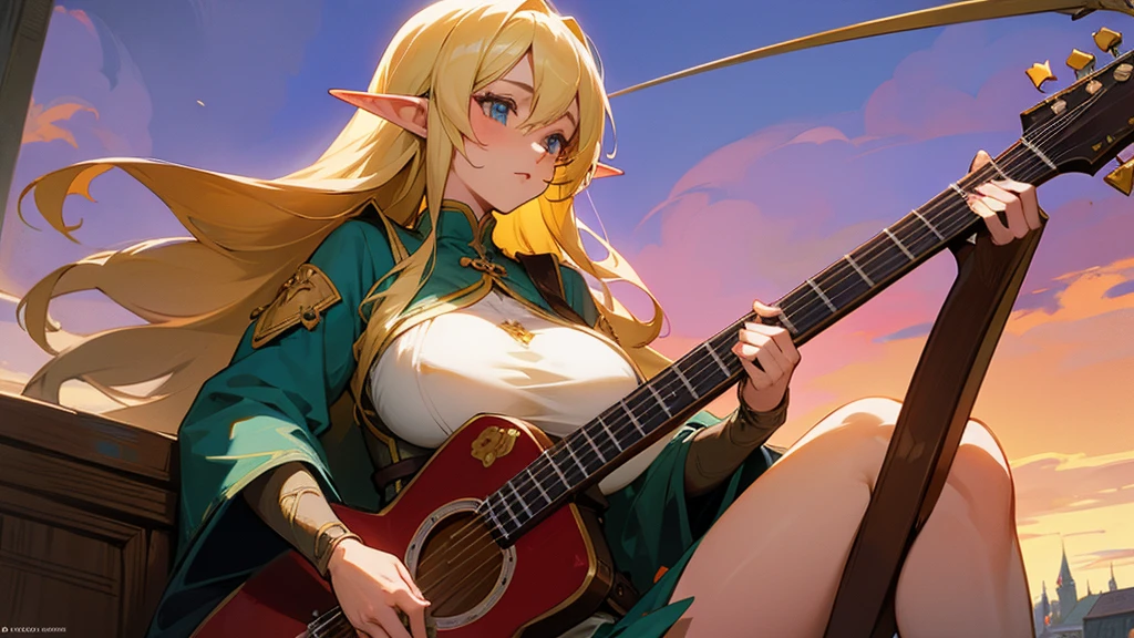 Anime Style,Nostalgic,Detailed background,The medieval world,A lively bar with lots of people,Beautiful sky,Beautiful Elf Bard,guitar,Large Breasts,Healthy thighs