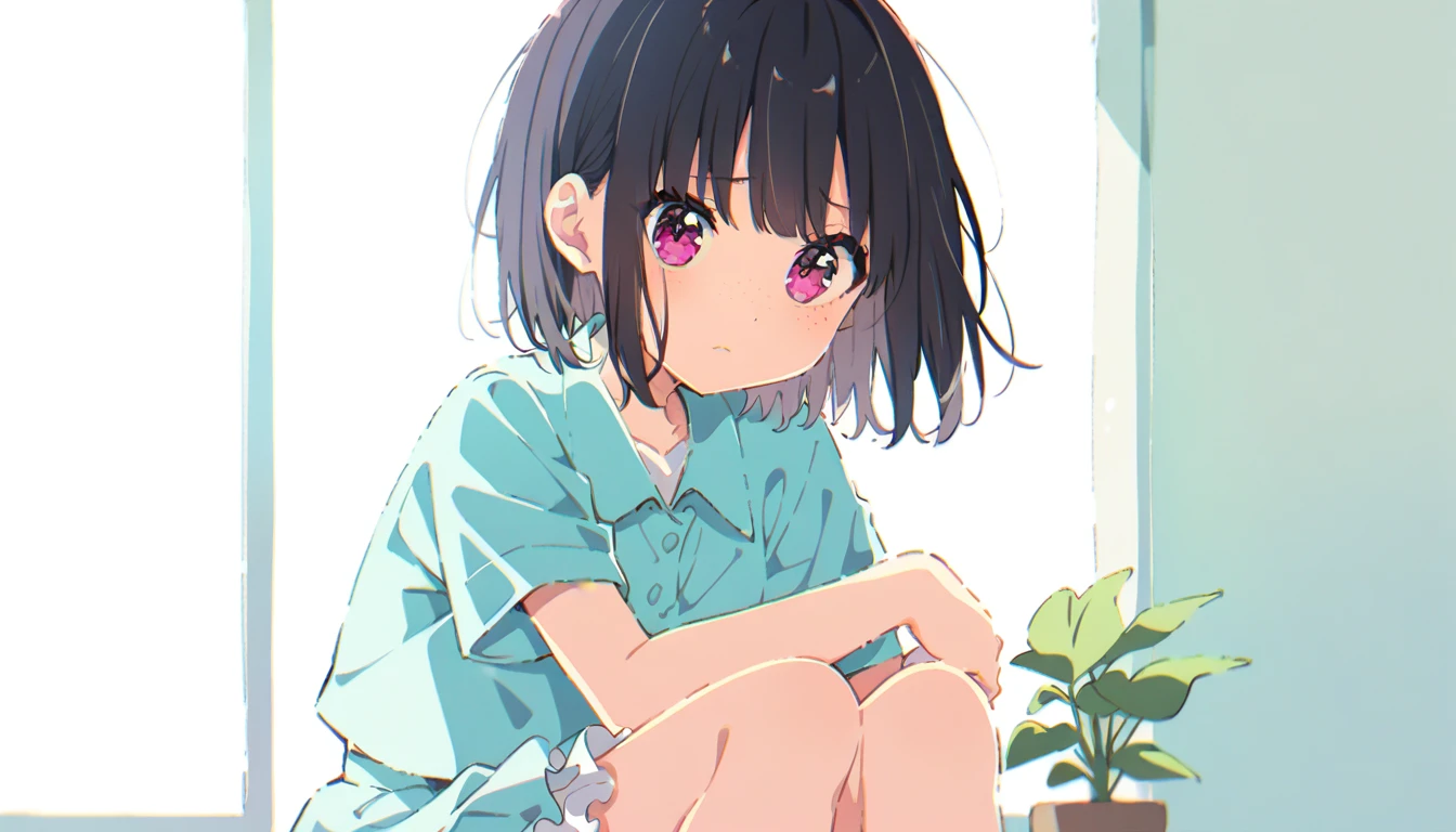 Black straight bob girl、freckles、In underwear、Shyness、White underskirt、Sad look
