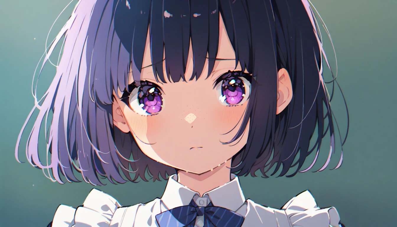 Black straight bob girl、freckles、In underwear、Shyness、White underskirt、Sad look