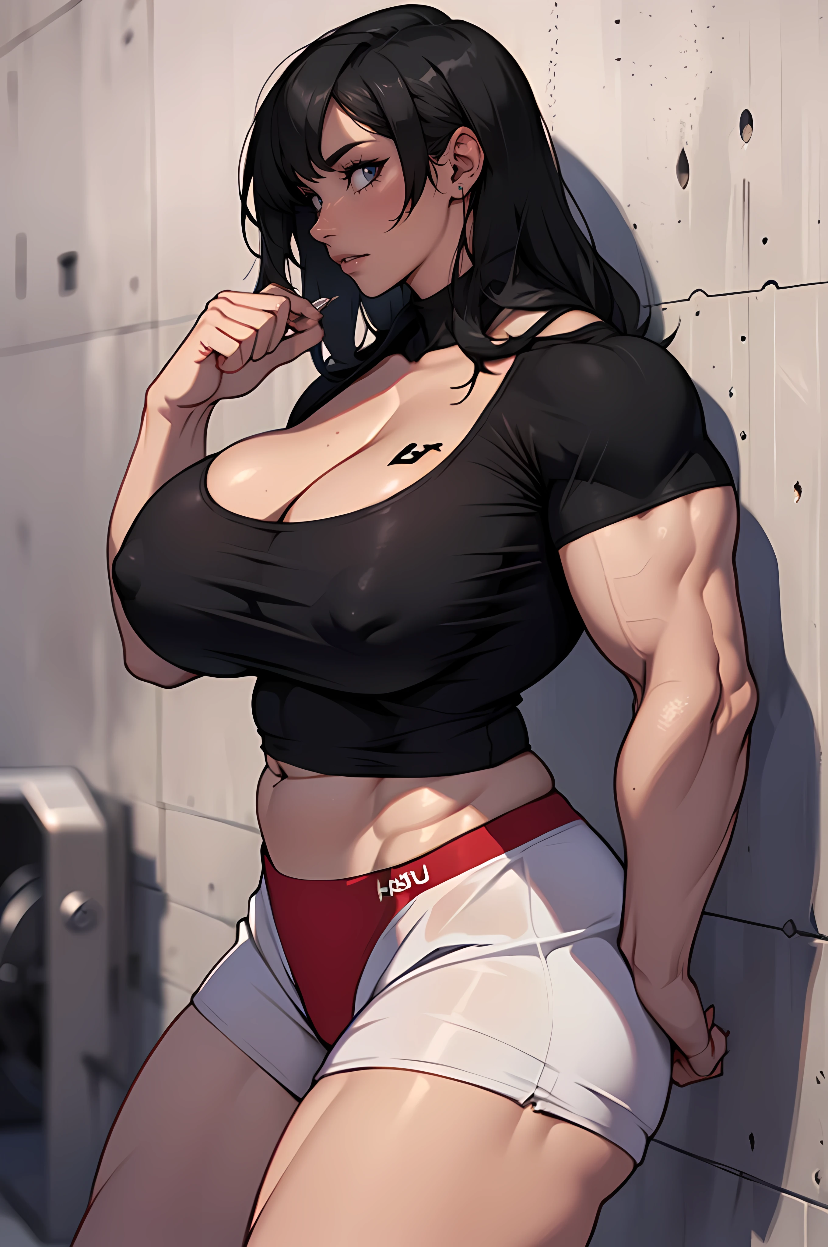 1girl (massive female bodybuilder:1.7) (Huge Breasts:1.9) pale skin black hair yellow eyes black against wall sad (tight translucent shirt) dark dark drop shadow