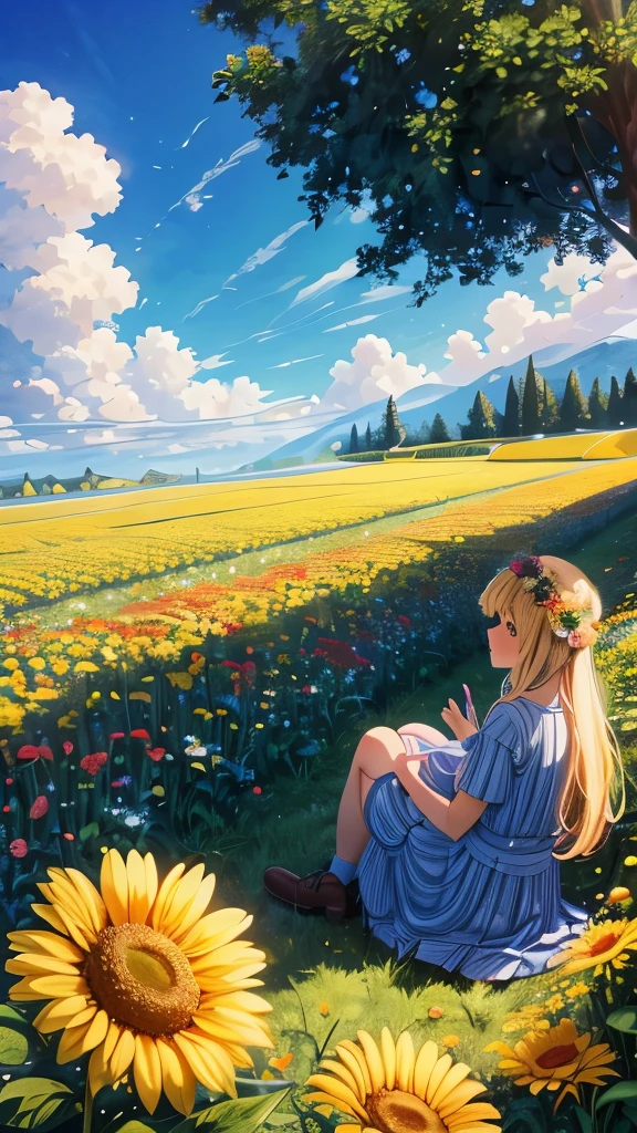A beautiful forest with green trees, colorful flowers, and the two friends, the Mouse and the Tortoise, standing together.