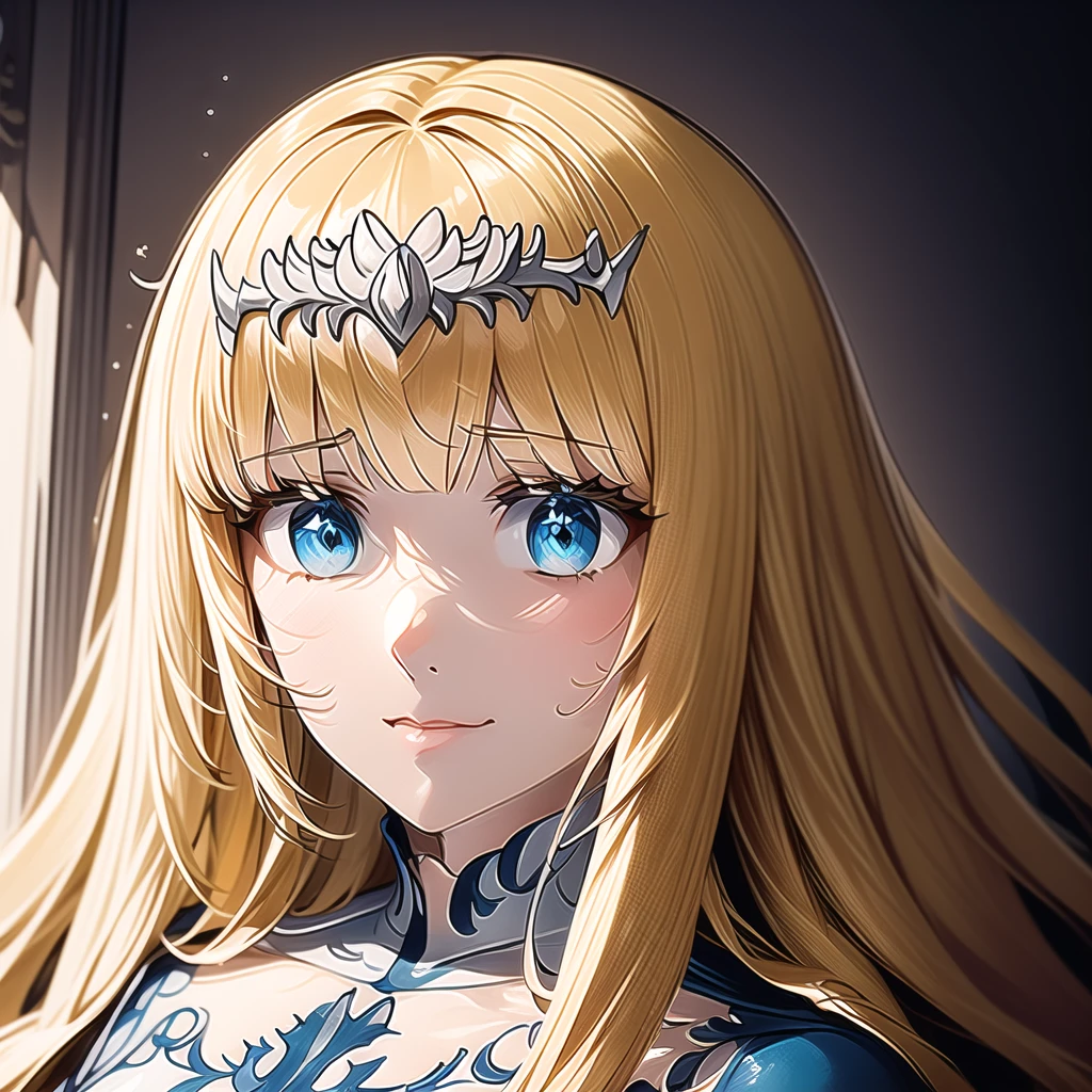 light particles, soft lighting, volumetric lighting, intricate details, finely detailed,

blonde hair, long hair,
 long eyelashes, thick eyelashes, looking at viewer,

1girl, solo, Calca, Calca Bessarez, blonde hair, (extremely long hair1.3), very long hair, white tiara, white dress, blue eyes, medium chest,extremely long hair, blunt bang

