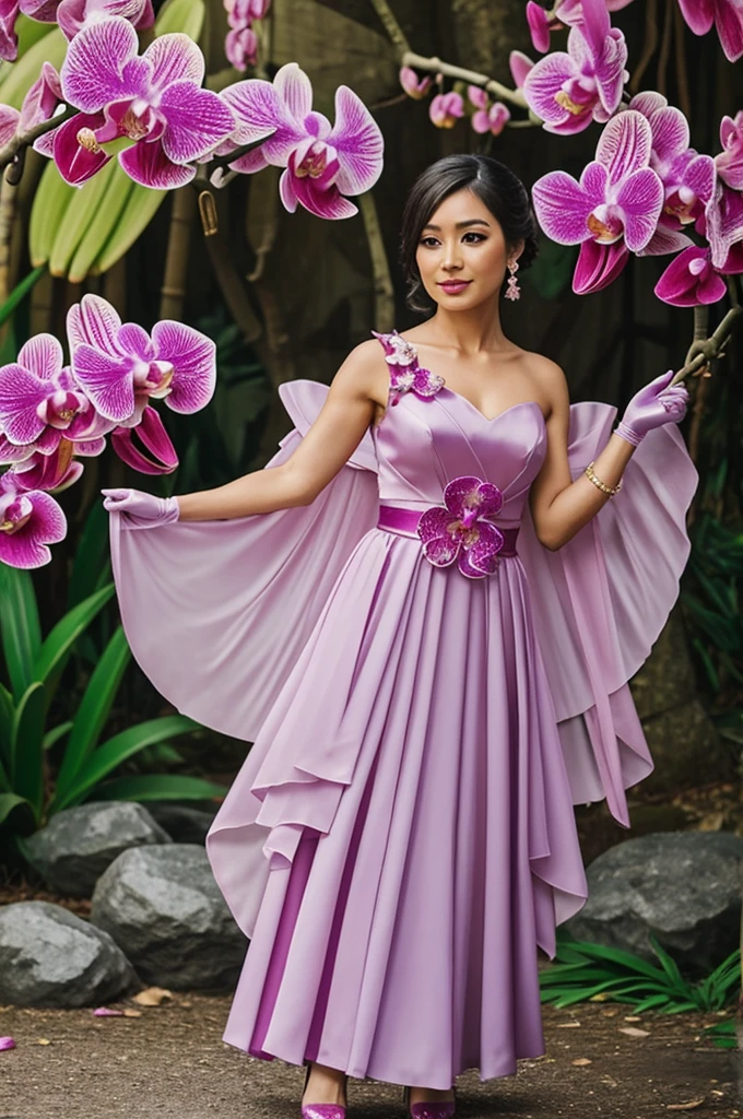 Pink orchids outfit, closed body complete with shiny stones, orchid wings, and orchid gloves