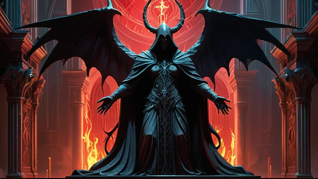 Hidden within the labyrinthine streets of the ancient city of Threnos, where towering spires of obsidian stone cast long shadows over cobblestone alleys slick with rain, lies the sinister sanctum of the Dark Covenant—a satanic church hall dedicated to forbidden rites and blasphemous rituals.

Inside the hall, where torches flicker with unholy flames that cast dancing shadows upon blood-stained walls adorned with macabre tapestries, stands the Altar of Despair. Hewn from black marble veined with veins of crimson, the altar looms like a sentinel of malevolence amidst the solemn congregation of robed acolytes and fervent disciples.

At the altar's base rests a statue of the Fallen One—a towering figure with horns that curl like blackened thorns, eyes that gleam with malice, and wings that span the breadth of eternity. Crafted from obsidian and bathed in the eerie glow of braziers that burn with incense of forbidden herbs, the statue exudes an aura of primordial power and seductive darkness.

Amidst the congregation of shadowy figures cloaked in robes of midnight velvet and crimson silk, a reluctant initiate or a determined investigator infiltrates the church hall. Drawn by whispers of arcane knowledge or driven by a quest for vengeance against the cult's dark deeds, they navigate the hall's twisting corridors and hidden chambers where echoes of unholy chants and forbidden incantations resonate through the air.

As they delve deeper into the abyssal depths of the Dark Covenant's secrets, they uncover a web of intrigue and treachery that spans generations—a clandestine pact with infernal entities that hunger for mortal souls, and a prophecy that foretells of a cataclysmic event that will usher in a new age of darkness.

In a realm where the boundaries between faith and heresy blur and the veil between worlds grows thin, the initiate's journey becomes a crucible of faith, temptation, and the relentless pursuit of truth amidst the sinister shadows of the satanic church hal
