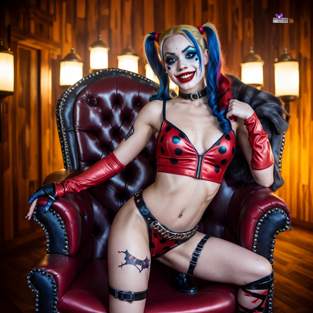 Harley Quinn (crazy make up, sexy small outfit, guns, pet hyenas), is posing crazy and sexy near her Joker themed throne in a 'Fun House of Death'
