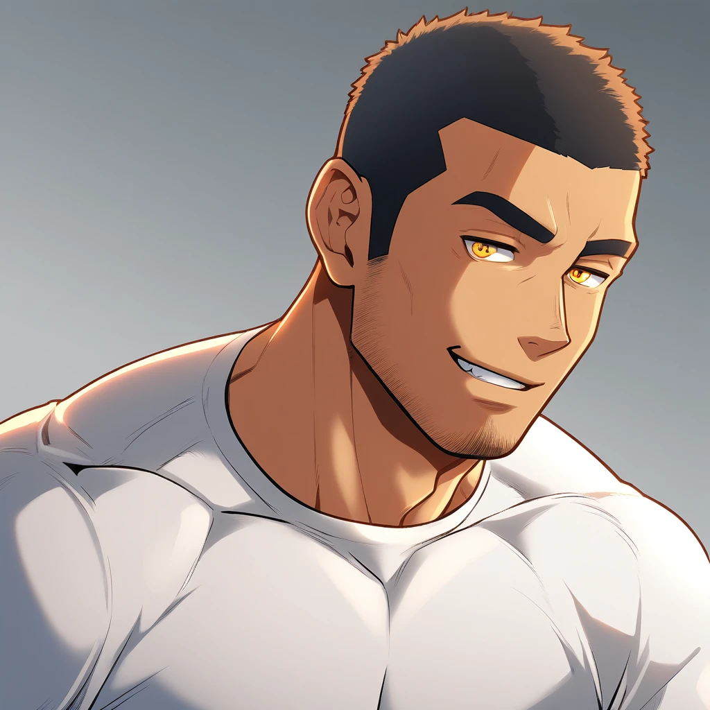 anime characters：Gyee, Young Muscle Sports Student, ????? black skin, Buzz Cut, Manliness, male focus, Mike White long sleeve tight T-shirt, Slightly transparent texture, Very tight, Slightly transparent, muscular male, muscular, only, Upper body, alone, Black short hair, Thick eyebrows, stubble, Yellow eyes, Grey background, simple background, amazing quality, best aesthetics, Ridiculous, bright pupils, crew cut, parted lips, seductive smile, torogao, naughty face, best quality