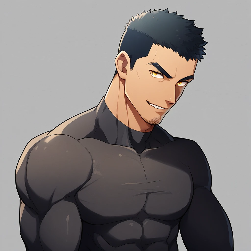 anime characters：Gyee, Young Muscle Sports Student, negro black skin, Buzz Cut, Manliness, male focus, Mike White long sleeve tight T-shirt, Slightly transparent texture, Very tight, Slightly transparent, muscular male, muscular, only, Upper body, alone, Black short hair, Thick eyebrows, stubble, Yellow eyes, Grey background, simple background, amazing quality, best aesthetics, Ridiculous, bright pupils, crew cut, parted lips, seductive smile, torogao, naughty face, best quality