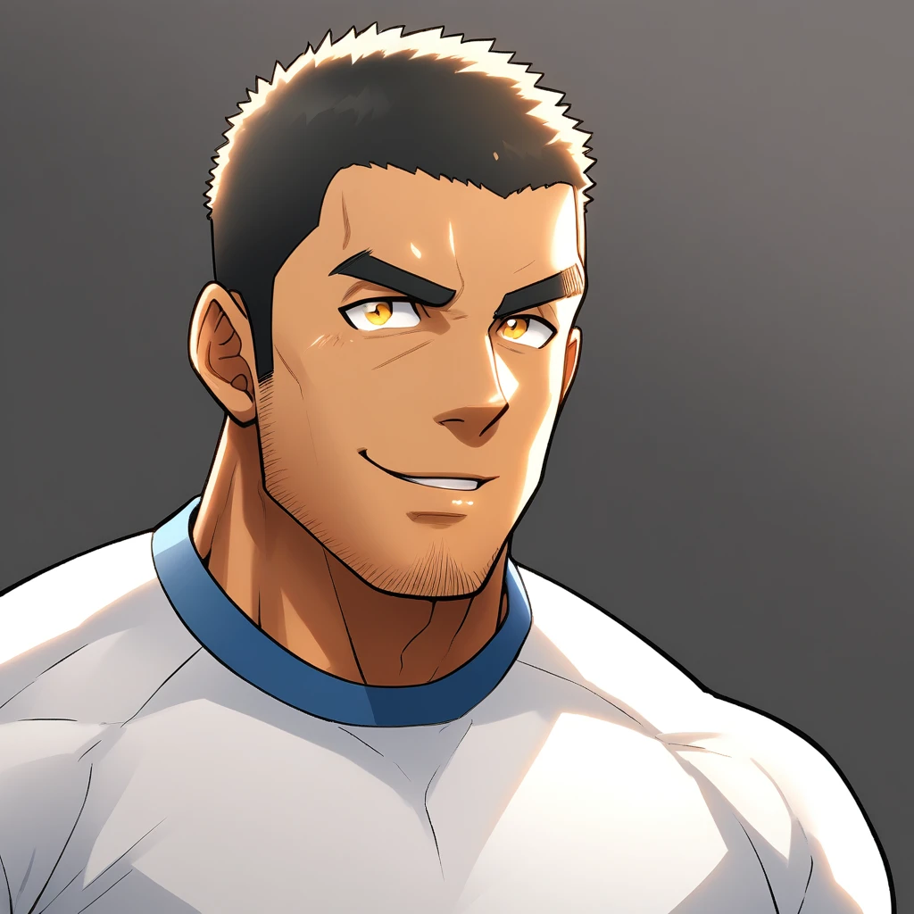 anime characters：Gyee, Young Muscle Sports Student, negro black skin, Buzz Cut, Manliness, male focus, Mike White long sleeve tight T-shirt, Slightly transparent texture, Very tight, Slightly transparent, muscular male, muscular, only, Upper body, alone, Black short hair, Thick eyebrows, stubble, Yellow eyes, Grey background, simple background, amazing quality, best aesthetics, Ridiculous, bright pupils, crew cut, parted lips, seductive smile, torogao, naughty face, best quality