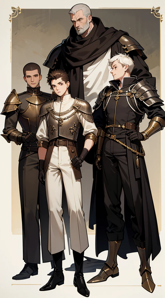 ten Handsome men, several characters, several knights, character sheet, very short hair, ((crew cut: 1)), light skin, ((muscular: 1)), man, 28 years old, gold details, wide pants, belts black and brown, black boots, black gloves, cacaleiros clothes, parts of armor.