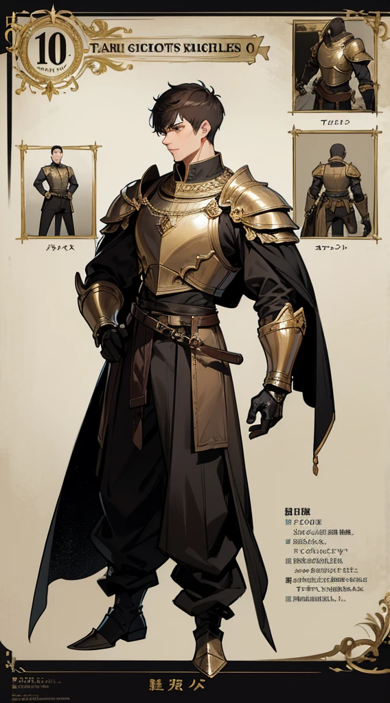 ten Handsome men, several characters, several knights, character sheet, very short hair, ((crew cut: 1)), light skin, ((muscular: 1)), man, 28 years old, gold details, wide pants, belts black and brown, black boots, black gloves, cacaleiros clothes, parts of armor.