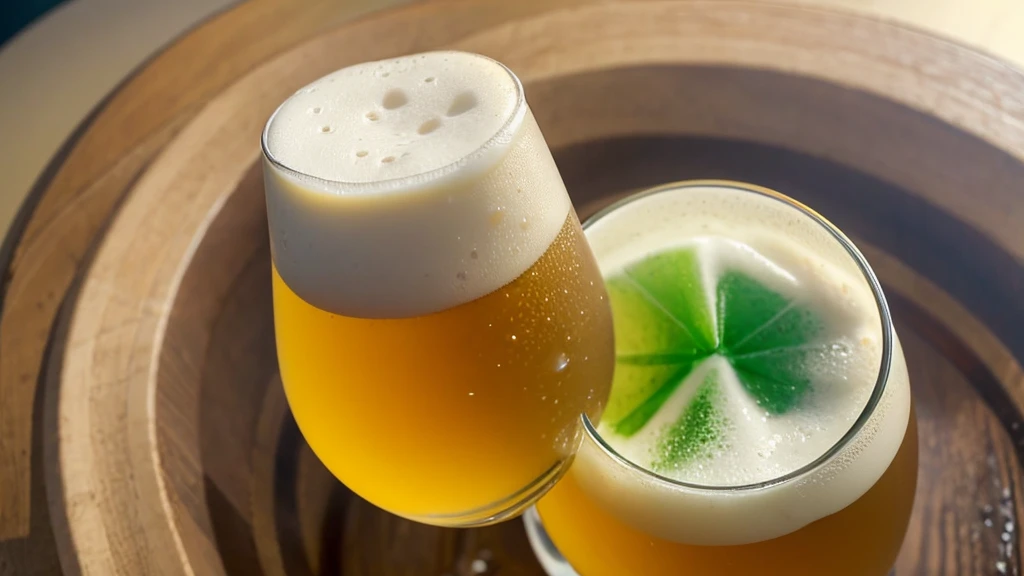 Top-down view of a glass of beer, with foam in the shape of a [dolphin] in the center, detailed bubbles, and a golden hue, on a plain white photorealistic background.