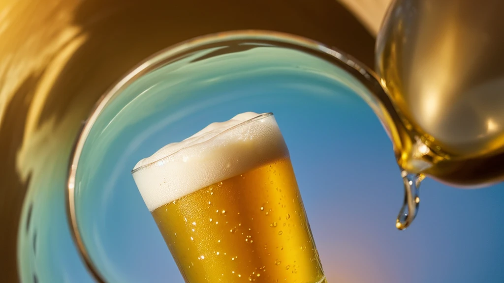 Top-down view of a glass of beer, with foam in the shape of a [dolphin] in the center, detailed bubbles, and a golden hue, on a plain white photorealistic background.