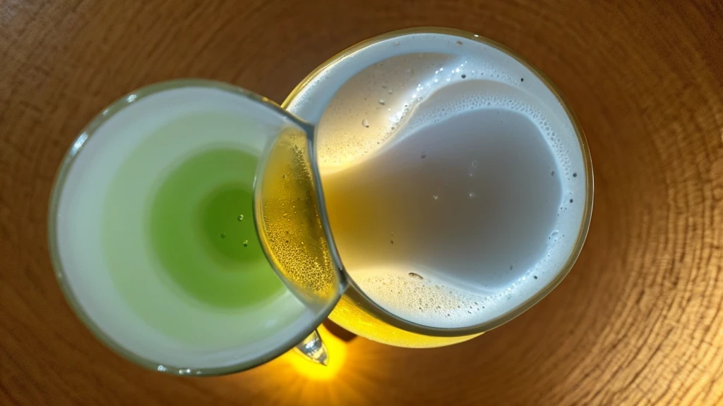 Top-down view of a glass of beer, with foam in the shape of a [dolphin] in the center, detailed bubbles, and a golden hue, on a plain white photorealistic background.