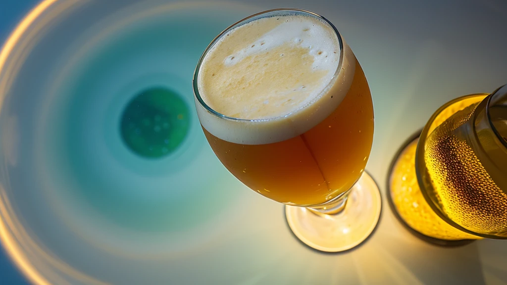 Top-down view of a glass of beer, with foam in the shape of a [dolphin] in the center, detailed bubbles, and a golden hue, on a plain white photorealistic background.