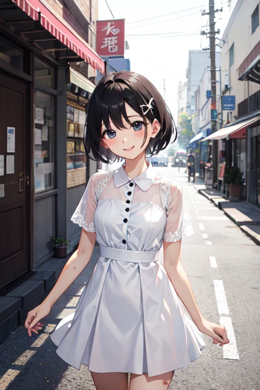 Black Hair、short hair、girl、White dress、skirt、smile、、Muddy
