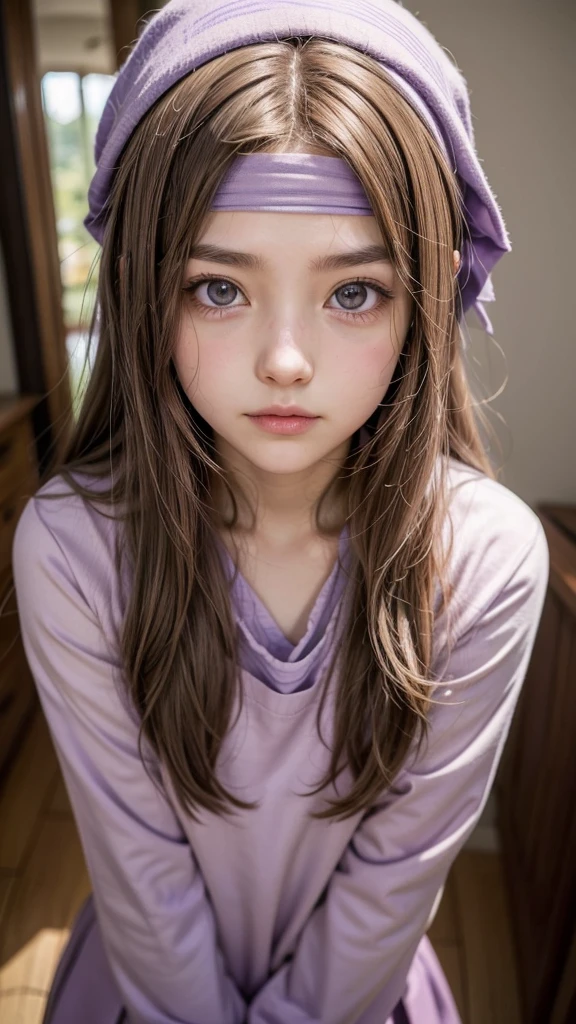 please create a picture of an anime girl with light brown hair and eyes, and a lilac Clan outfit, with a bandana on his forehead, and loose hair