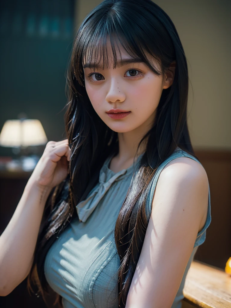 Anime manhwa A girl with long dark brown hair, black eyes, full cheeks, bright white skin, thick symbols, wearing a very beautiful light blue dress, she is . 