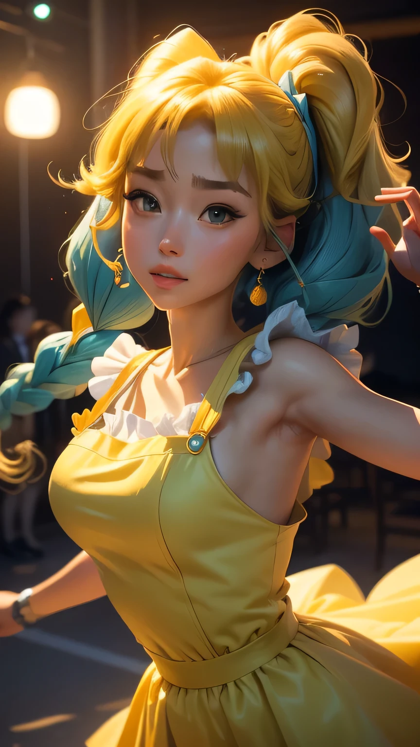 (Very detailed CG Unity 8k wallpaper, masterpiece, 最high quality, Very detailed), (Best lighting, Best Shadow, Very delicate beauty), floating, Sparkling eyes, [(head band, Earrings, (cyan: 1.5|red: 1.2) Headphones and braided pigtail hair, (Light yellow: 1.3) Overalls) :: 0.8] , (Dynamic pose)､ masterpiece, 最high quality, high quality, High resolution､