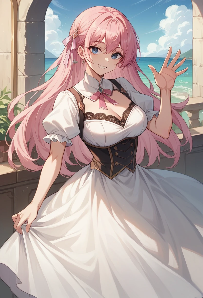 ((Best quality)), ((masterpiece)), (detailed), ((perfect face)), One Girl、Pink Hair、blue eyes、A white dress with black lace、large pink ribbon on the chest、Ocean、Waving、smile